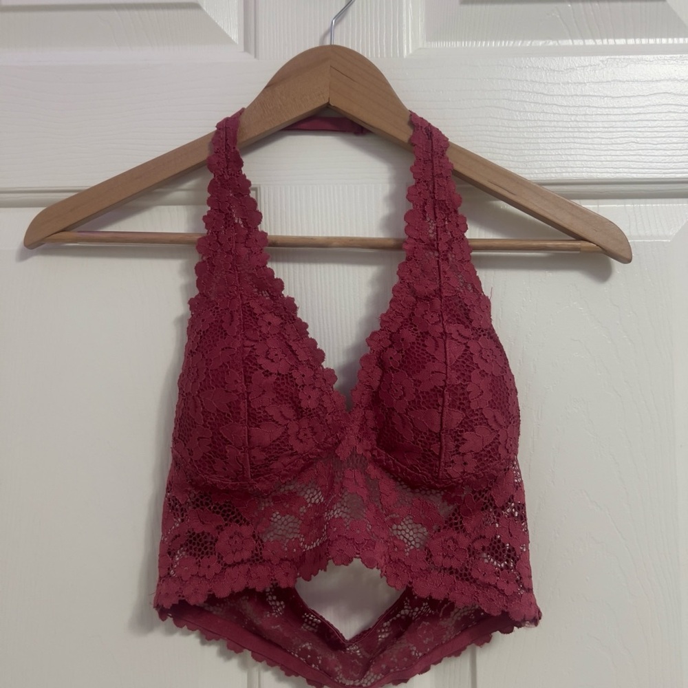 Lace Flowery Halter Bralette in Burgundy